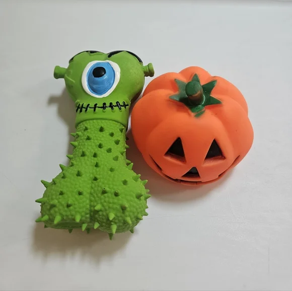 Green Monster and Orange Pumpkin Rubber Squeeky Dog Toys