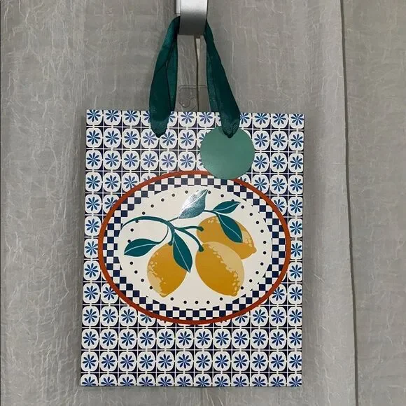 Punch Studio WHITE NAVY GOLD Floral Lemons Checkered RIBBON HANDLES GIFT BAG