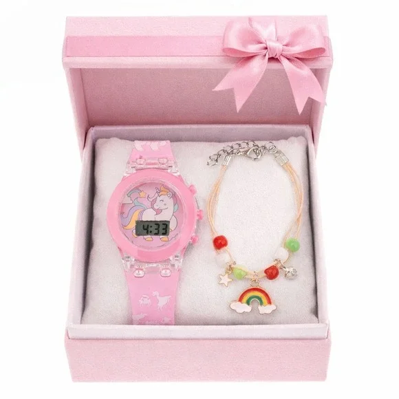 Watch‎ Girls Unicorn Pink 3D Glow Silicone Watch and Rainbow Beads