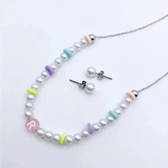 Pearl and colorful beaded necklace |Gold plated | Dainty Necklace| Custom Letter