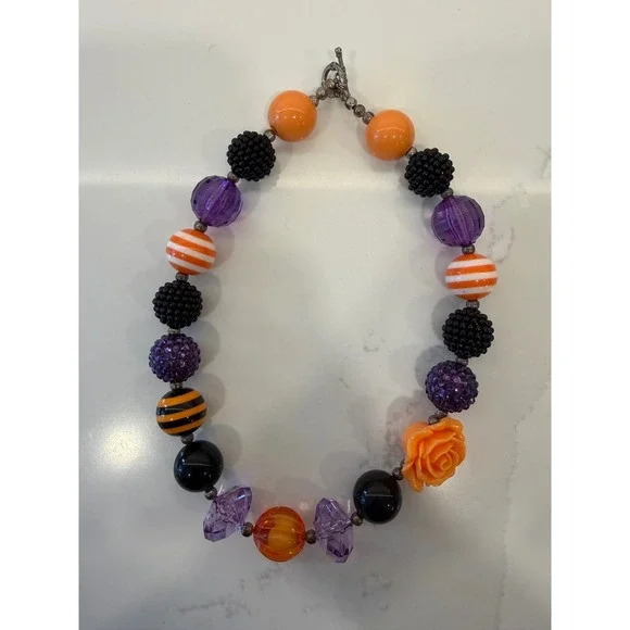 Halloween Chunky Bubblegum Necklace Kids Orange Purple Black Rose Bead 18 Inch