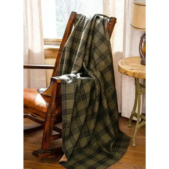 Carsten's Tartan Plaid Olive Green Throw‎ Blanket Rustic Cabin Bedroom Accent