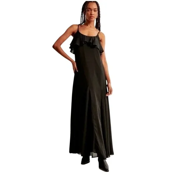 Abercrombie‎ & Fitch Womens Black Ruffle Maxi Dress Adjustable Straps Medium