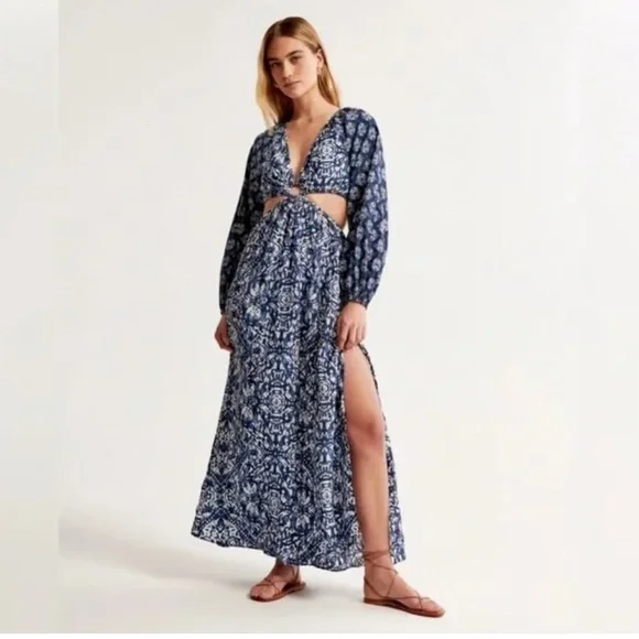 Abercrombie & Fitch Plunge Cut Out Maxi Dress Size L NWT