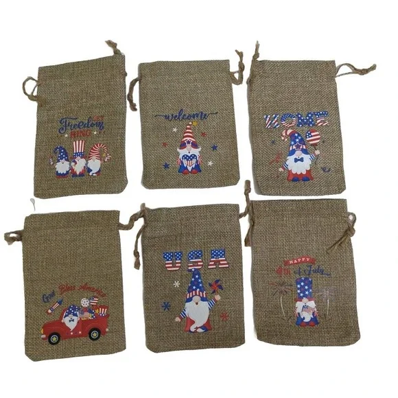 Gnome USA Burlap Gift Bag Pouch Red White Blue Patriotic 4th July SET 10 PCS