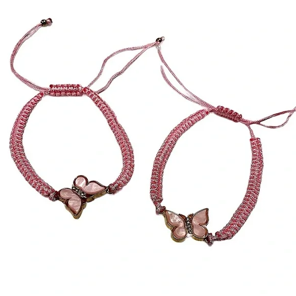 Pink Butterfly Bracelet set of 2 best friend bracelets weaved stone