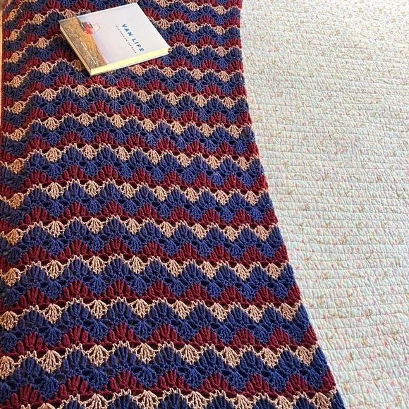 Vintage handmade loose open knit tan red blue throw blanket