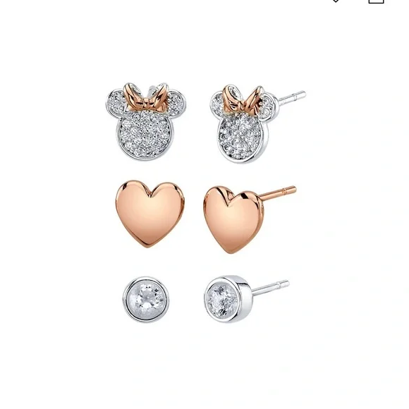 Disney Three Pair Silver Plated Two Tone Rose Gold Heart And Bezel Cubic Zirconi
