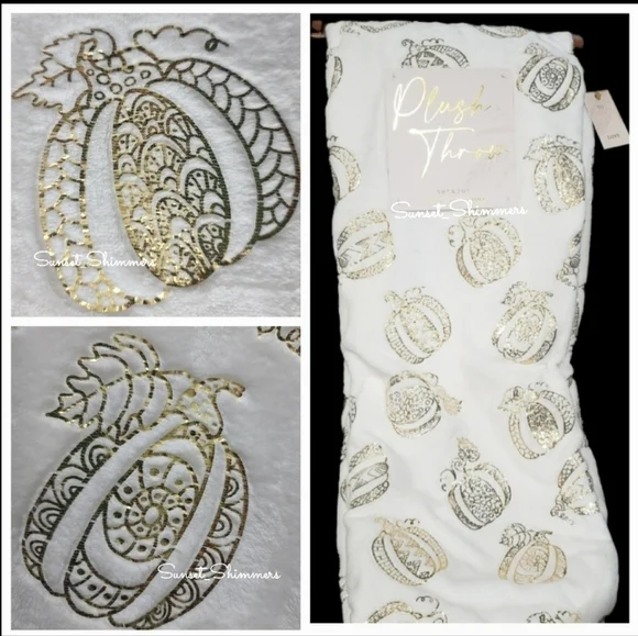 White Faux Fur Metallic Gold Foil PUMPKIN Blanket Fall Halloween Thanksgiving