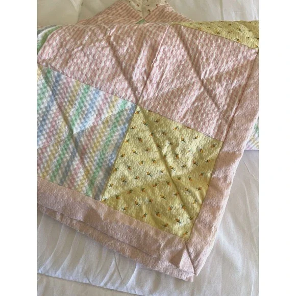 Vintage Baby Blanket Seersucker Quilted Patchwork Soft Pastels Delicate Floral