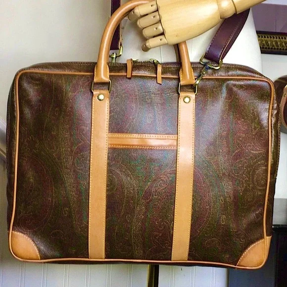 ETRO MILANO Red Paisley Coated Canvas Vachetta Top Handle Briefcase Laptop Bag