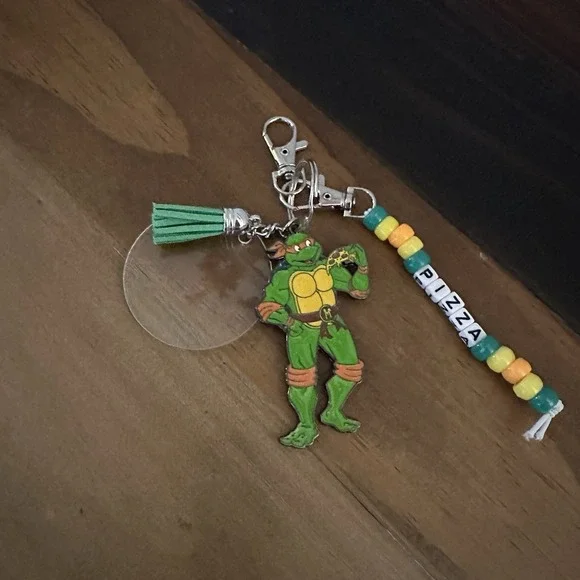 Handmade Ninja Turtles Keychain Beaded Charm – Pizza Lover Gift Key Ring