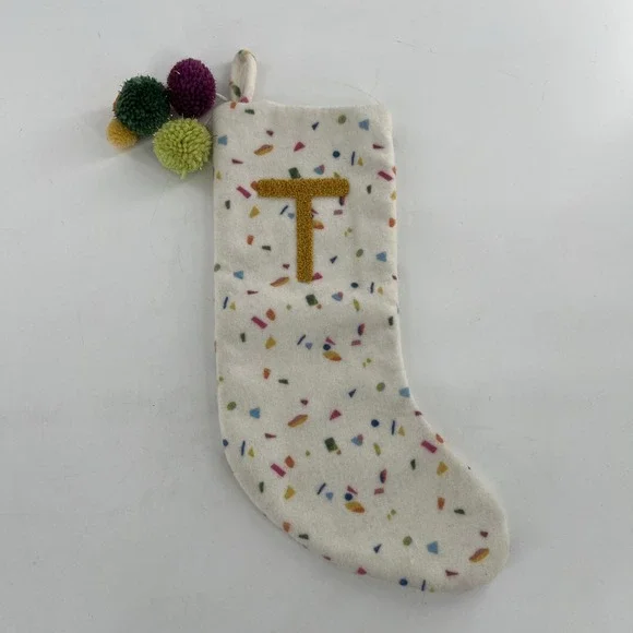 Opalhouse Target‎ Christmas Stocking Monogram Initial Letter T Confetti Poms 20
