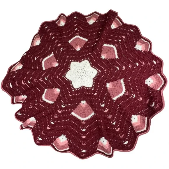 Handmade Crochet 12 Point Star Mandala Blanket Throw Burgundy Pink‎ Round 50