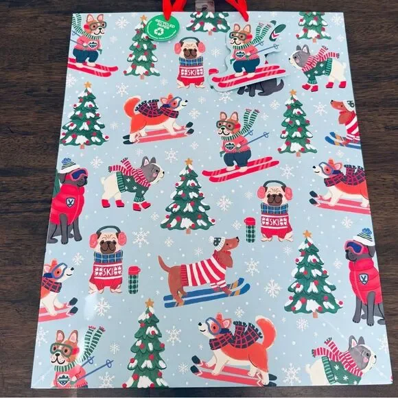 Christmas Holiday Ski Sled Winter Dogs Large Gift Bag