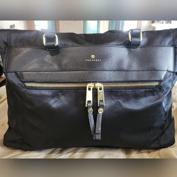Travanti Black Large Laptop Bag with Gold Accents and Red Interior
