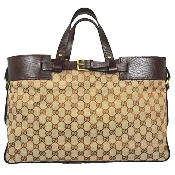 GUCCI Leather Canvas GG Monogram Horizontal Buckle Tote With GUCCI DUST BAG