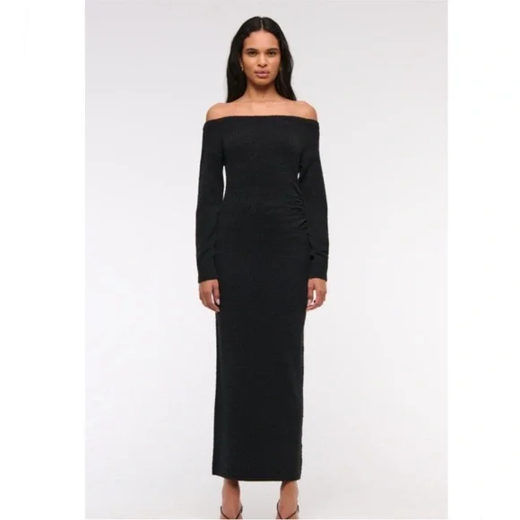 Abercrombie & Fitch Boucle Knit Off-the-Shoulder Ruched Maxi Dress Black LP