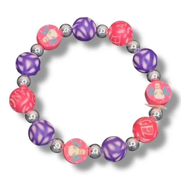Vintage 90s Children’s Bracelet Neon Pink Angel Image Purple Accent 6” Length