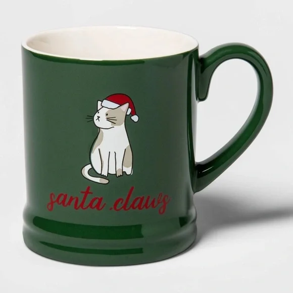 Target Threshold Santa Claws Cat Holiday Coffee Tea Mug Cup Green Stoneware New