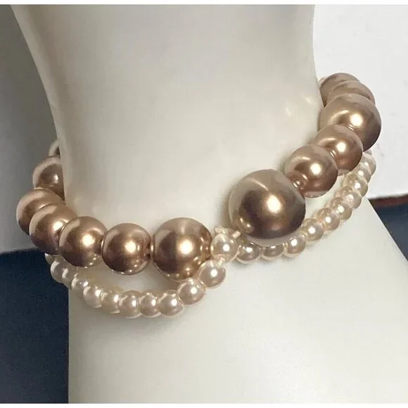 J Crew Crewcuts Champagne Beaded Bracelet Gold Tone Faux Pearl Stretch Bridal