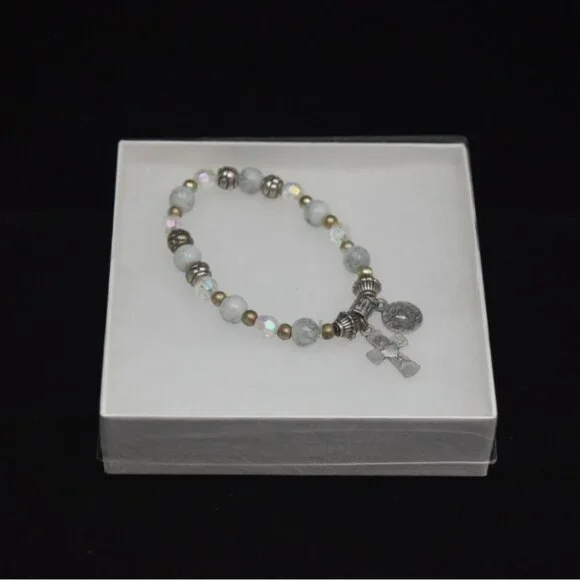 Religious First Communion Bracelet Silver Tone Chalice Cross Charm Glass Beads