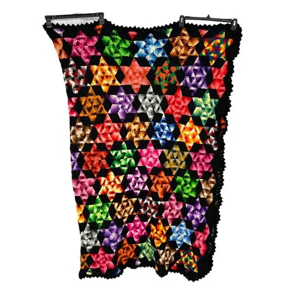 Vintage Multicolor Star Hexagon Crochet Throw Blanket Handmade 70
