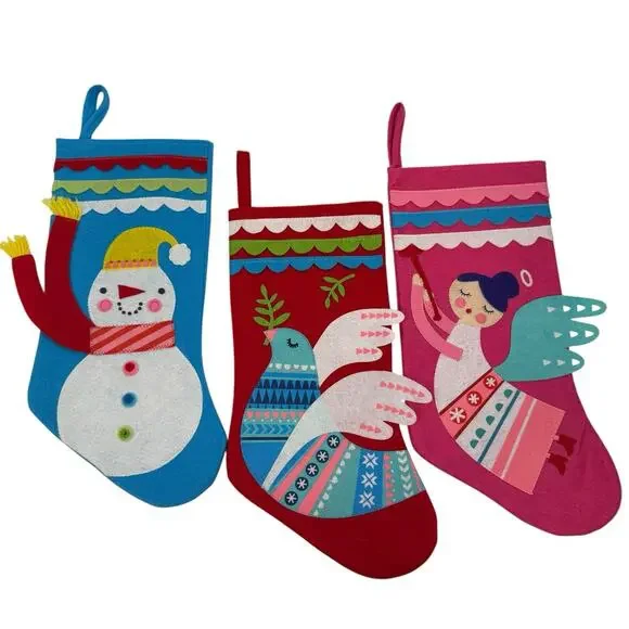 Target Christmas Stockings Felt Set of 3 Snowman Bird‎ Fairy Angel Pink Red Blue