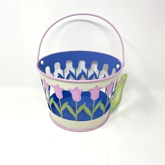 Target Metal Easter Basket Pail Purple Tulips Flowers