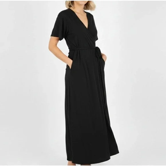 Abercrombie & Fitch Wrap Maxi‎ Dress Women XST Black Short Sleeve Ballerina