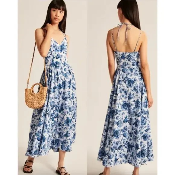 Abercrombie & Fitch Strappy Plunge Corset Maxi Blue White Floral Maxi Dress XL