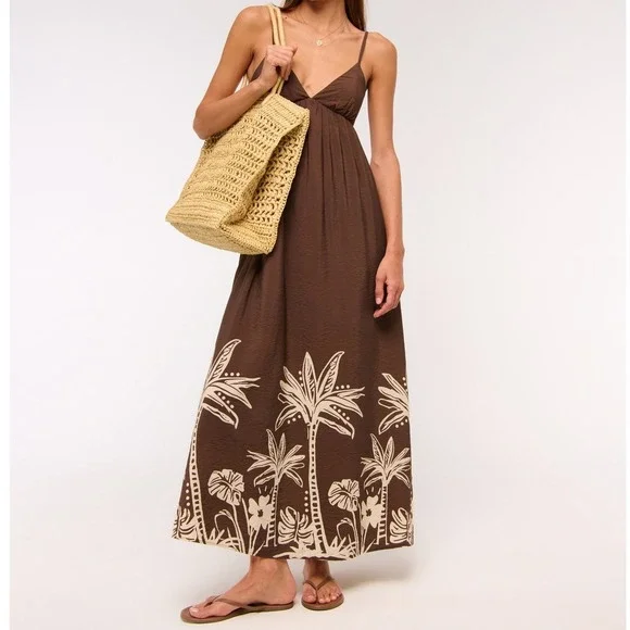 NEW Abercrombie & Fitch Brown Bra Free Clasp Back Flowy Maxi Dress Palm Tree XL