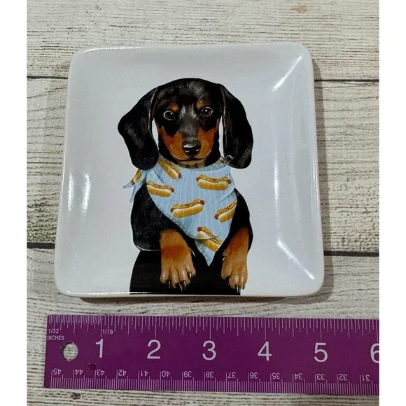 Mary Lake Thompson Dachshund Dog Trinket Tray Square Dish Hot Dogs GTub6