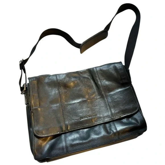 James Campbell black leather laptop messenger bag 15” x 11.5” classic versatile
