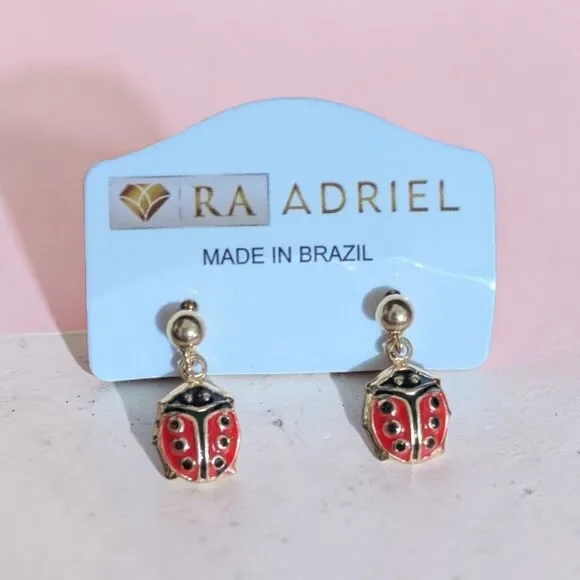 RA Adriel Ladybug Drop Earrings Gold Red Enamel Cute Kids Jewelry Gift