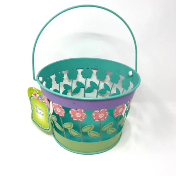 Target Metal Easter Basket Pail Pink Glitter Flowers