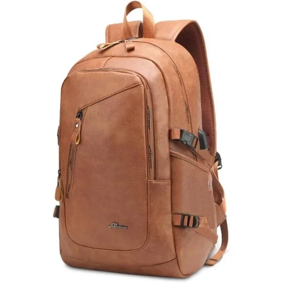 ✨DYJ Men Brown Vegan Leather Laptop Backpack Travel Daypacks with Port Laptop