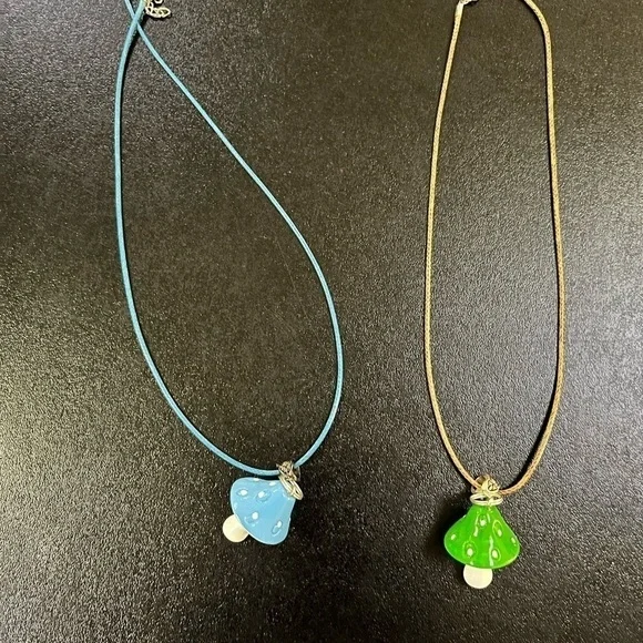 Handmade Mushroom Cottagecore Gardencore Nature two Necklaces Blue Green Trendy