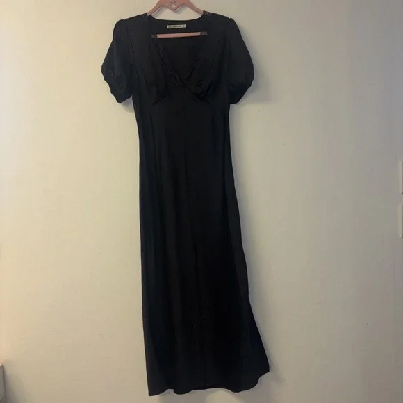 Abercrombie Fitch Black Lace Trim V Neck Puff Sleeve‎ Maxi Dress ST