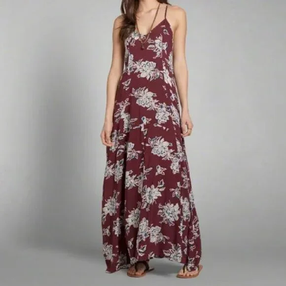 Abercrombie & Fitch Maroon White Floral Maxi Dress Spaghetti Strap