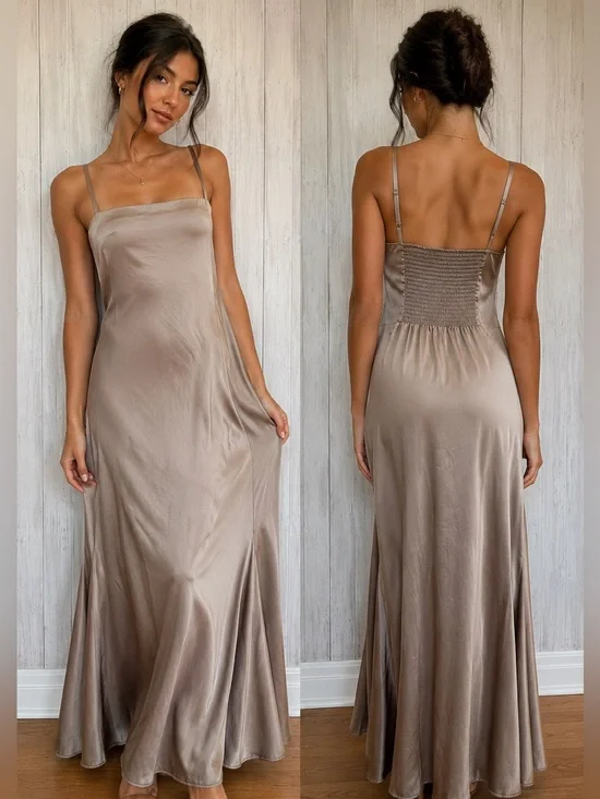 Abercrombie Satin Slip Maxi Dress Champagne Taupe Smocked Quiet Luxury Classy L