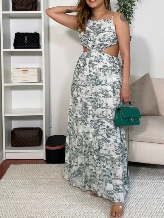 Abercrombie Women's Crinkle Textured Cutout Maxi Dress Green White Toile Large