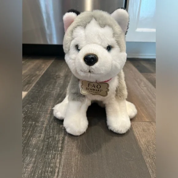 FAO Schwarz SIBERIAN‎ HUSKY Wolf Puppy Dog Plush Collar Brass Button blue eye