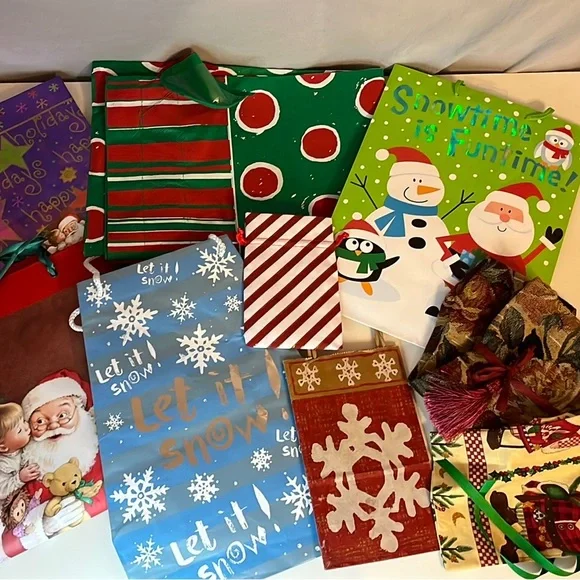 Collection of 9 Holiday Gift Bags (Cloth and Paper)