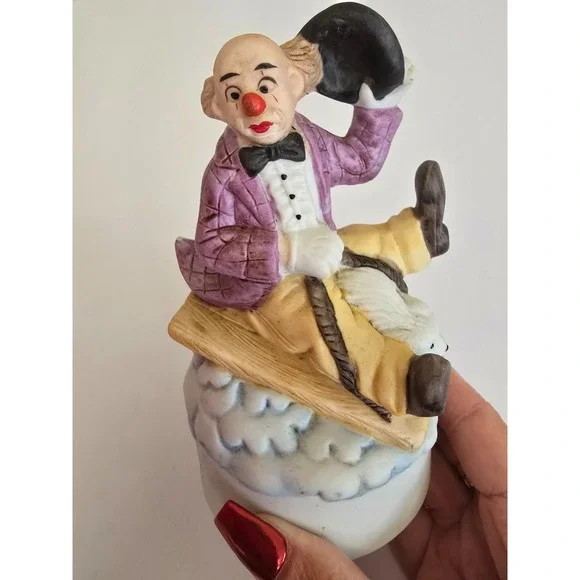 Vintage Porcelain Sad Clown With Dog on Sled Music Box,‎ Music Box Works