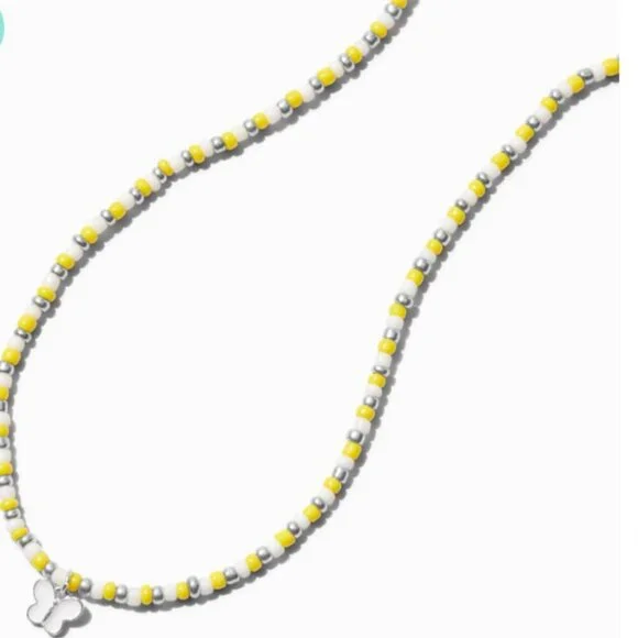 Icing Yellow & White Beaded Butterfly Pendant Necklace