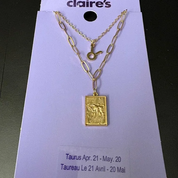 NWT Claires Gold Taurus Zodiac Layered Set of 2 Necklaces April May Gift