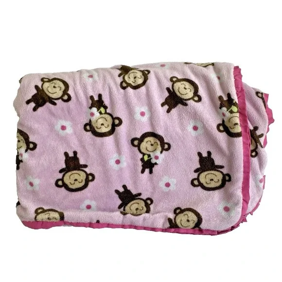 Carters Pink Sherpa Monkey Baby Blanket Flowers Smiling Hard to Find