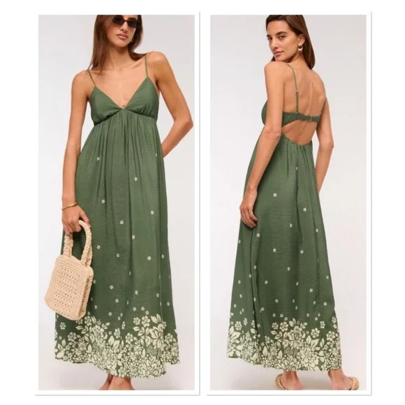Abercrombie & Fitch Green Floral Flowy Maxi Dress Open Back Boho Fairy Beach MT