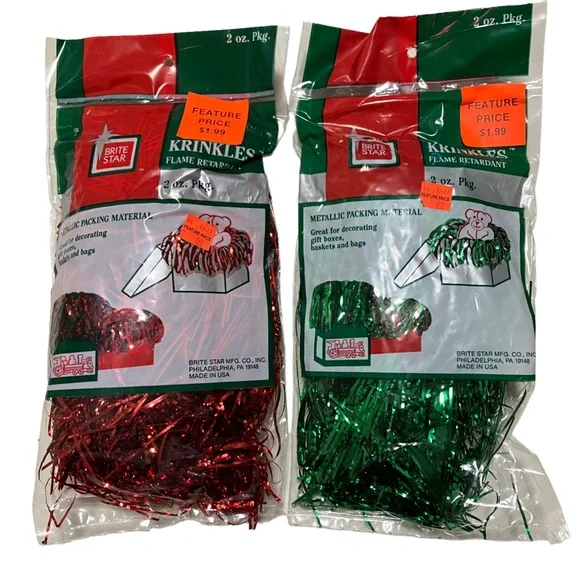 Vintage NEW Brite Star Krinkles Metallic Foil Shred Packing Material Red & Green